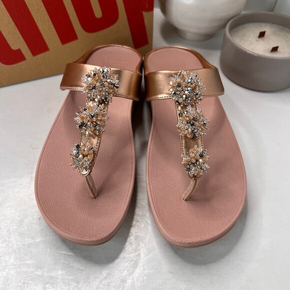 FitFlop Galaxy Crystal Embellished Toe-Thong Sandals Rose Gold Women 9/EU41 NWB - Picture 1 of 11